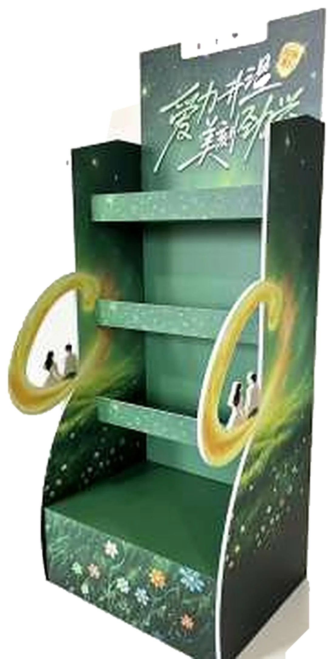 Green PVC retail display stand photographed in the company catalogue